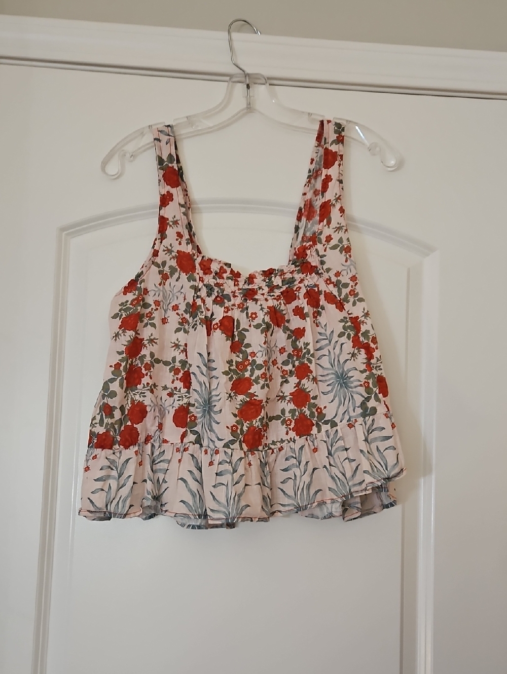 Maeve Pink Floral Ruffle Camisole with Red Blooms